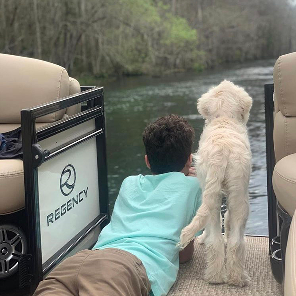 a kid and a dog looking at the water on a regency boat